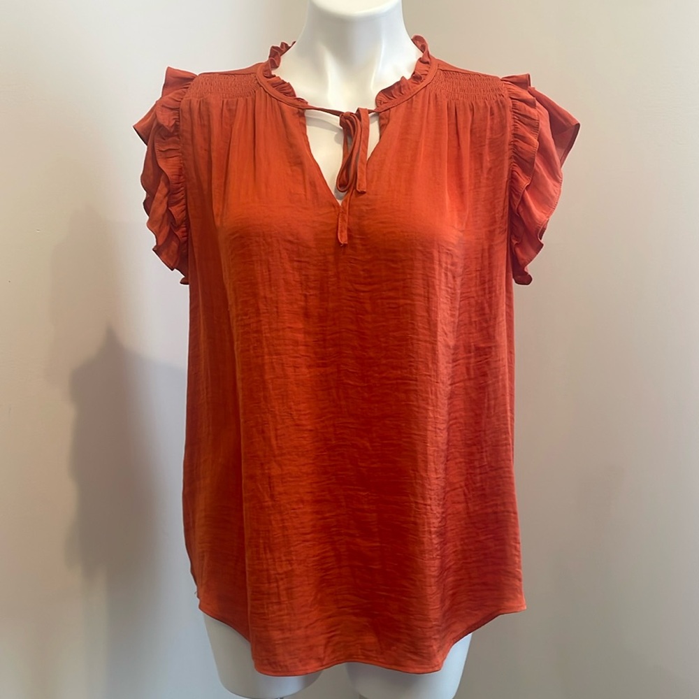 RACHEL Rachel Roy Top Flutter Ruffle Sleeveless Split Neck Silky Orange Blouse